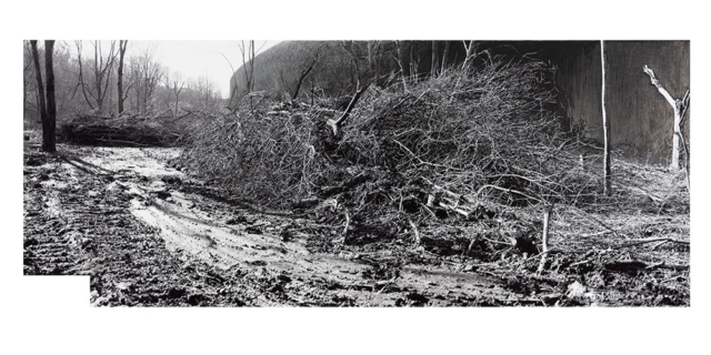 Widescreen winter landscape of a muddy track leading away between leafless trees and heaped up branches, running from the right side of the image into the middle distance where it disappears around a high, curving, dark wall, created with graphite, compressed charcoal metallic pencil and crayon on a monochrome archival inkjet photographic print.