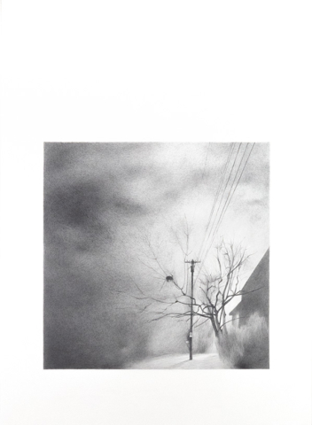 Square pencil drawing on rectangular paper. The image of a tree, a utility pole, and wires and the silhouette of the side of a house in the foreground against an early evening sky, is placed towards the bottom of the paper, leaving white space above that extends the presence of the sky