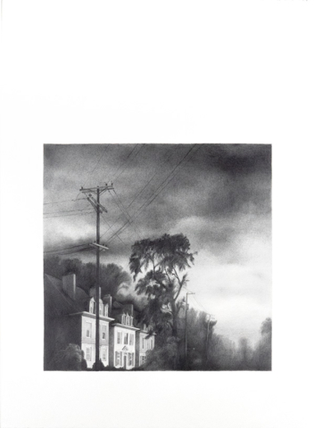 Square pencil drawing on rectangular paper. The image of a tree and the fronts of large houses lit by the setting sun against a darkening sky is placed towards the bottom of the paper, leaving white space above that extends the presence of the sky