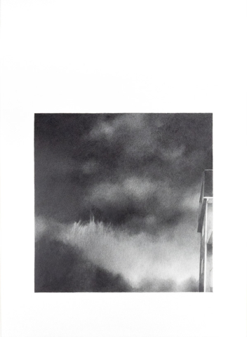 Square pencil drawing on rectangular paper. The image looking up past the gable end of a house at at the sky during a thunderstorm, is placed towards the bottom of the paper, leaving white space above that extends the presence of the sky