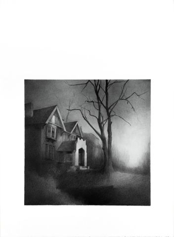 Square pencil drawing on rectangular paper. The image of the front of a large house lit by the last light after sunset with a winter tree silhouetted against a dark evening sky is placed towards the bottom of the paper, leaving white space above that extends the presence of the sky